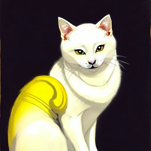 Prompt: painting of a cute white ( okami style ) ( ( kitsune ) ) cat budda with yellow patterns, plain white background, no people, art by jc leyendecker, phil hale, angular, brush strokes, painterly, crisp, portrait of a cat, cat portrait painting