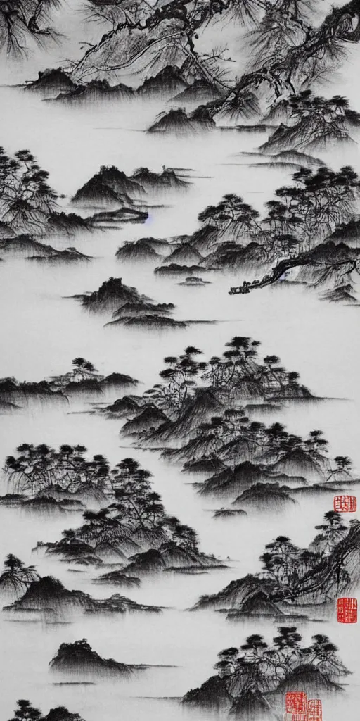 Image similar to Environmental shot, Beautiful!!!!! chinese ink-wash painting of a river!!!, beautiful brush strokes, red ink, birds flying , shui mo hua, highly intricate