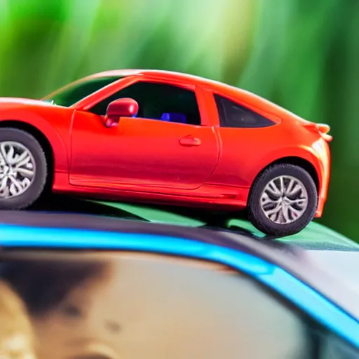 Prompt: a red haired woman driving a Jada toys mitsubishi eclipse green diecast car, the woman is inside the toy car, high resolution macro photo