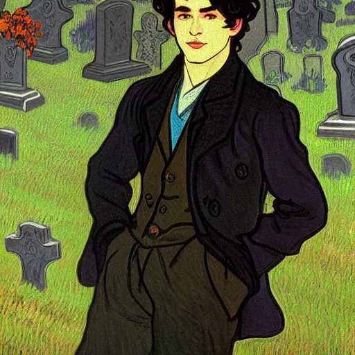 Image similar to painting of young cute handsome beautiful dark medium wavy hair man in his 2 0 s named shadow taehyung and cute handsome beautiful min - jun together at the graveyard party, ghostly, haunted gravestones, ghosts, autumn! colors, elegant, wearing suits!, clothes!, stylish, delicate facial features, art by alphonse mucha, vincent van gogh, egon schiele