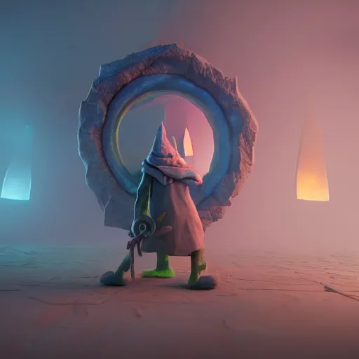 Prompt: a photorealistic render of a mage goblin in front of a misty dimensionnal portal in the style of Remi Luizy, ultra detailed, crispy, C4D, octane render, 8K, raytracing, lumens, trending on artstation, trending on deviantart