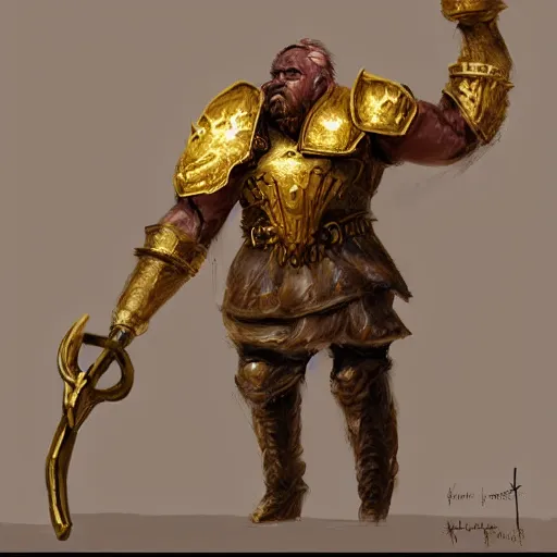 Prompt: Crippled giant using a rusty mace made of gold inside a hall. He is wearing broken armor with rusty jewelry, trending on artstation, fantasy, concept art