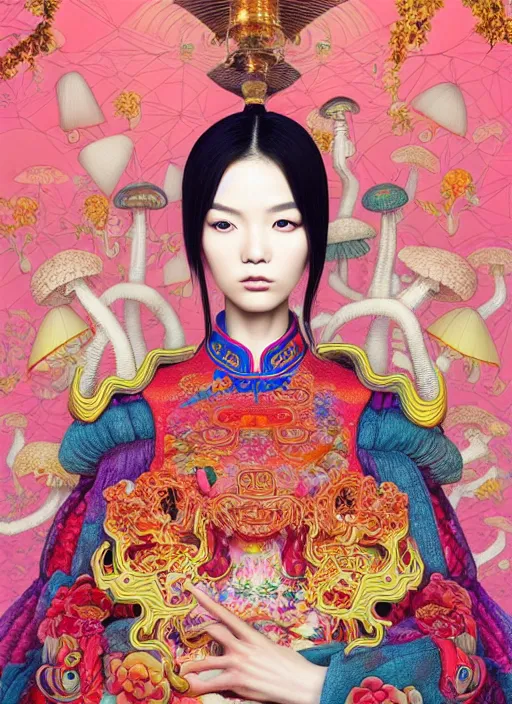 Image similar to pretty chinese model with hallucination mushroom : : by martine johanna and simon stalenhag and chie yoshii and casey weldon and wlop : : ornate, dynamic, particulate, rich colors, intricate, elegant, highly detailed, centered, vogue, fashion magazine, smooth, sharp focus, octane render, 8 k