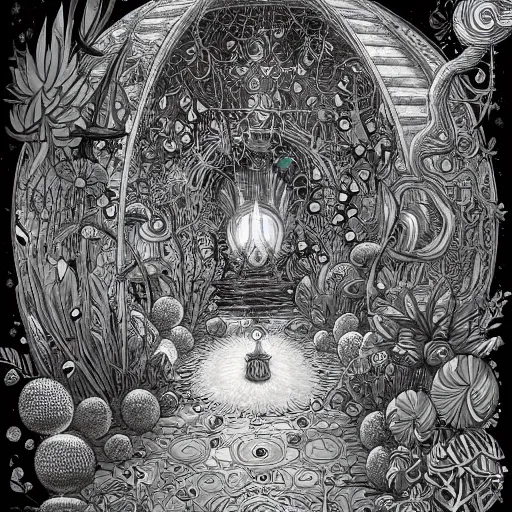 Image similar to a portal in a mysterious garden filled with spherical plants, artwork by Joe Fenton, trending on art station
