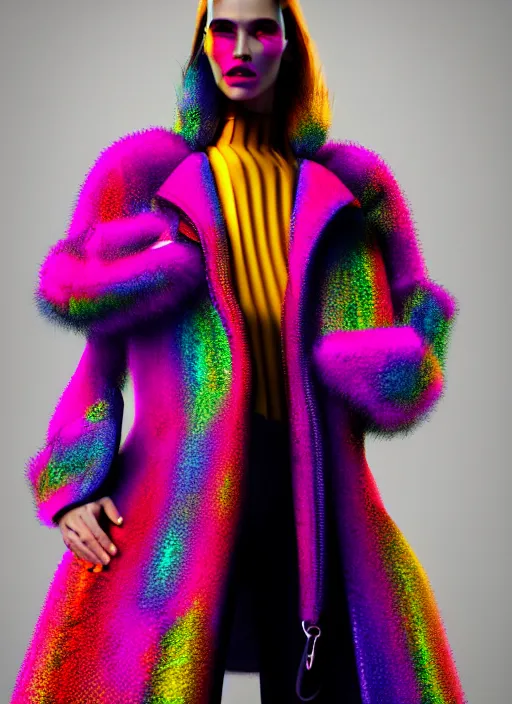 Image similar to coat for a rave, bright colors, many details, prints, photo for a magazine, photo for a store, fashion photography, Vogue, 135 mm, cinematic, hyper realism, high detail, octane render, 8k, chrome accents