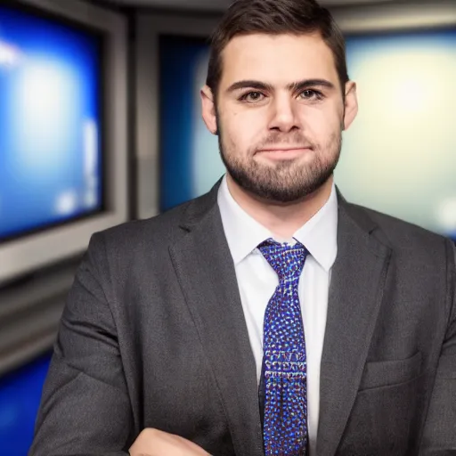 Prompt: high quality portait of a small self righteous journalist in a low budget tv studio, awkward angle,