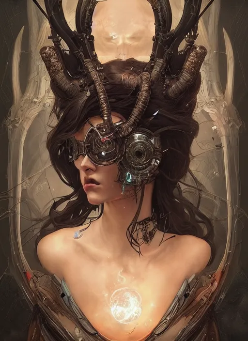 Image similar to a beautiful illustration of a cyberpunk witch with horns in head, intricate, sharp focus, illustration, highly detailed, digital painting, concept art, matte, art by wlop and artgerm and greg rutkowski and alphonse mucha, masterpiece