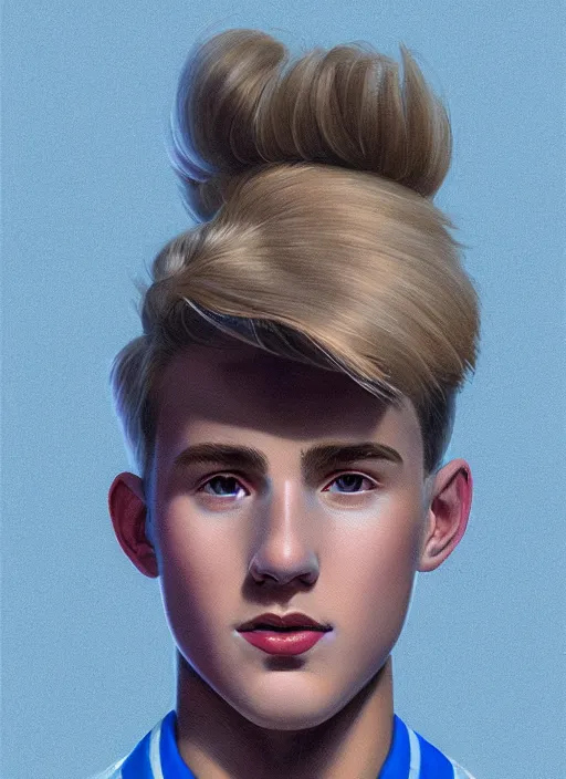 Image similar to portrait of a high school senior boy named moose mason, blonde short hair, jock, beefy, square jaw, square facial structure, 1 9 5 0 s, blue varsity jacket, intricate, elegant, glowing lights, highly detailed, digital painting, artstation, concept art, smooth, sharp focus, illustration, art by wlop, mars ravelo and greg rutkowski