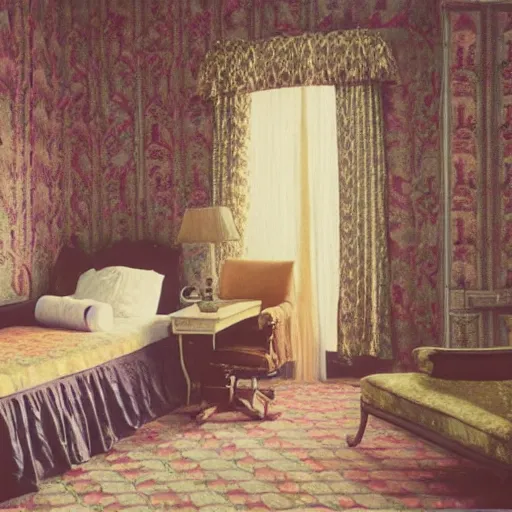 Image similar to a nightmare in a liminal hotel room, baroque wallpaper, film still by wes anderson, depicted by balthus, limited color palette, very intricate, art nouveau, highly detailed, lights by hopper, soft pastel colors, minimalist