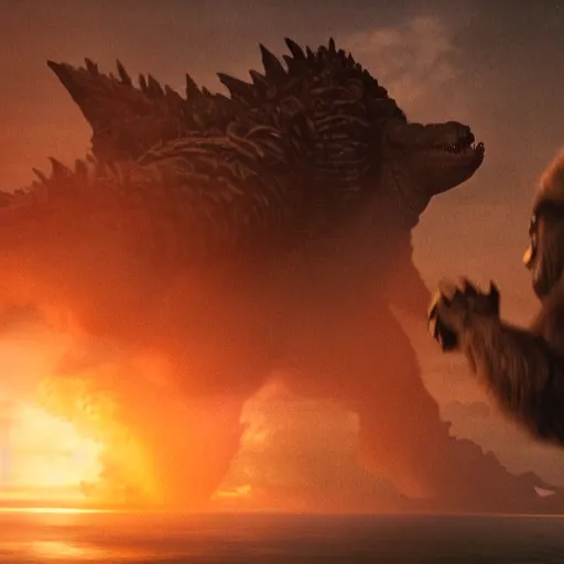 Image similar to godzilla versus kong, still from a movie by wes anderson, cinematic!, hyperreal, eerie, wide angle, insanely detailed, god rays, 3 5 mm