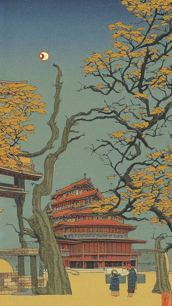 Image similar to a beautiful ancient bathhouse with a bathing alien creature in the autumn by hasui kawase