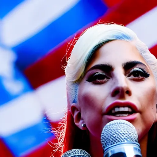 Image similar to Lady Gaga as president, Argentina presidential rally, Argentine flags behind, bokeh, giving a speech, detailed face, Argentina