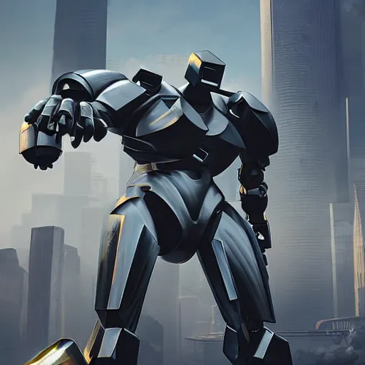 Prompt: a six meter tall robot fighting in a city, action scene screenshot, futuristic concept art, cgsociety, epic scale, marble statue, shiny polished chrome