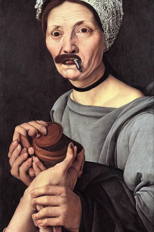 Image similar to hyperrealism extreme close-up portrait of medieval female with with leprosy, with mustache, pale skin, wearing cylinder hat, in style of Caravaggio