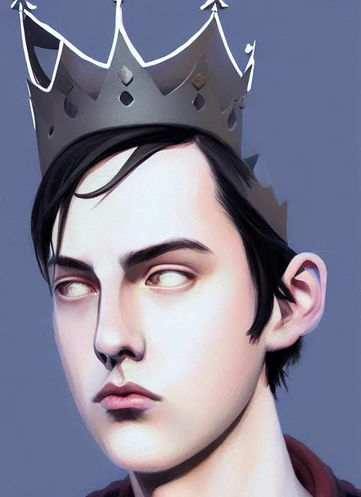 Prompt: portrait of teenage jughead jones wearing a light grey crown, photorealistic, crown, eyes closed, crown, black hair, intricate, elegant, glowing lights, highly detailed, digital painting, artstation, concept art, smooth, sharp focus, illustration, art by wlop, mars ravelo and greg rutkowski