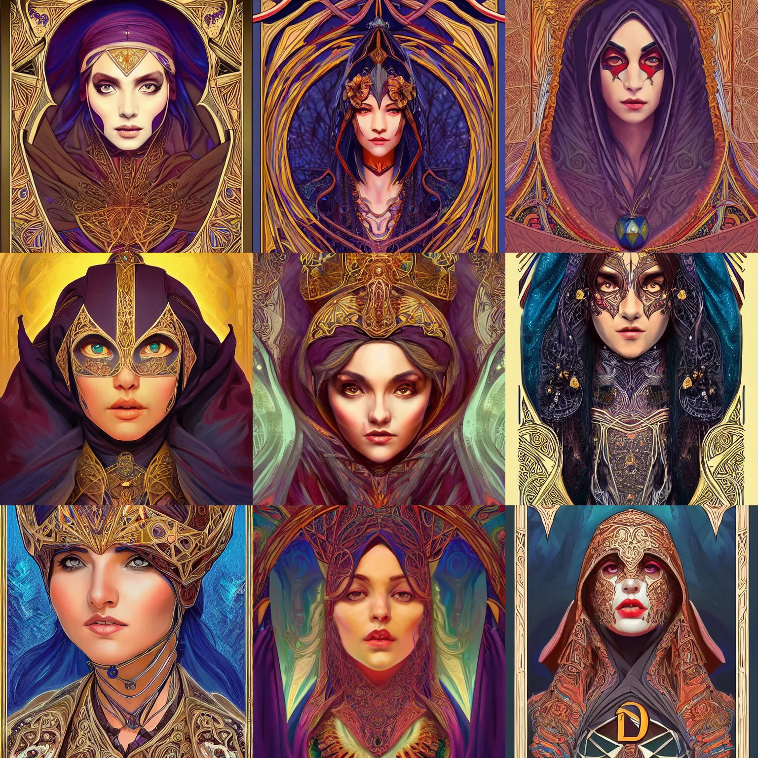 Prompt: head-on symmetrical centered painted portrait, Mai Ezz Eldin as a D&D wizard, ornate robes, art nouveau, tarot card style, fantasy, intricate, elegant, highly detailed, smooth, sharp focus, illustration, artstation, in the style of Artgerm and Anna Podedworna and Alex Ross and Mucha