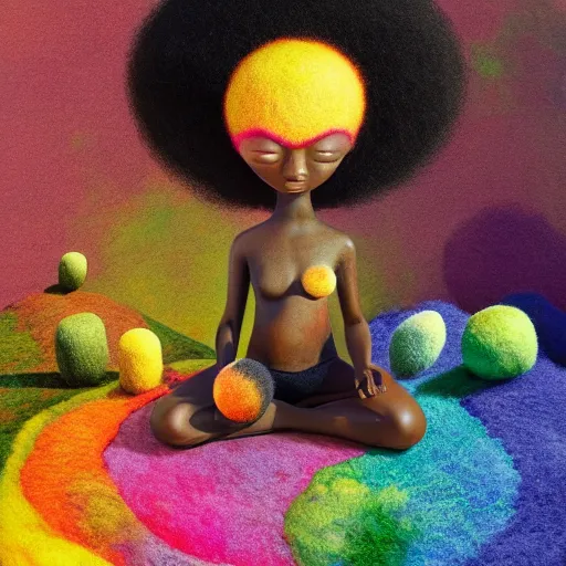 Image similar to a black girl with a colorful afro and big colorful eyes meditating in an african zen garden with a baobab tree at sunset, bright colours, bokeh!!, watercolor, volumetric wool felting, macro photography, children illustration, by goro fujita