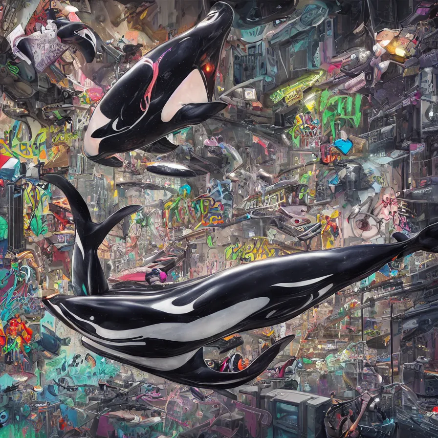 Prompt: an anatomical oil painting of an Orca covered in graffiti, flying through a cyberpunk city from a medical journal by Nychos and Ross Tran, highly detailed, high detail, 8k,