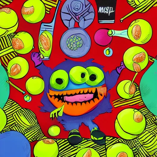 Image similar to a tennis ball monsters eating breakfast, colorful, digital art, fantasy, magic, chalk, trending on artstation, ultra detailed, professional illustration by basil gogos