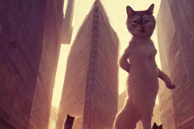 Prompt: human standing against a giant cat, highly detailed, photorealistic, reflections, smooth, sharp focus, concept art, illustration, beautiful, geometric, trending on artstation, cinematic, featured on behance , artwork by WLOP and Tran, Ross