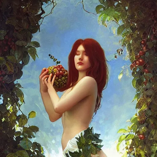 Image similar to eve eating fruit from the tree of knowedge of good and evil in the gardnen of eden, highly detailed, digital painting, artstation, concept art, smooth, sharp focus, illustration, artstation, art by artgerm, greg rutkowski, alphonse mucha, ilya repin and charlie bowater