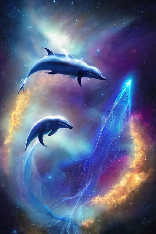 Image similar to Ethereal blue fire dolphin flying through a nebula, Sirius star system, star dust, cosmic, magical, shiny, glow,cosmos, galaxies, stars, outer space, stunning, by andreas rocha and john howe, and Martin Johnson Heade, featured on artstation, featured on behance, golden ratio, ultrawide angle, hyper detailed, photorealistic, epic composition, wide angle, f32, well composed, UE5, 8k