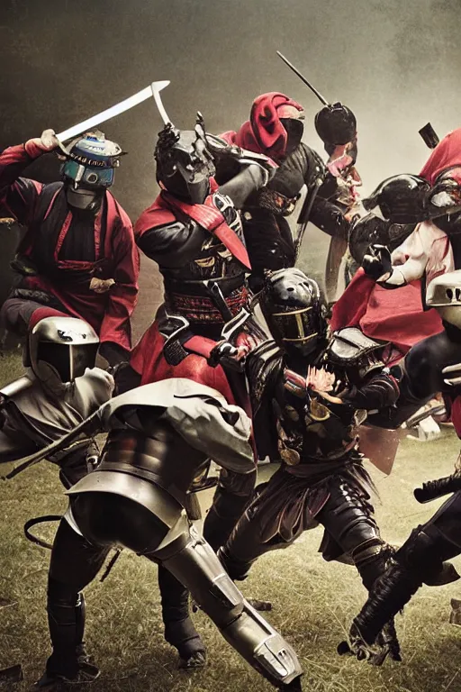 Prompt: a godlike and indomitable helmeted and masked samurai slicing through a group of ninja. Rising sun in background. Badass pose. Photo realistic. Gregory Crewdson. Award winning. Masterpiece, exquisite detail, post processing