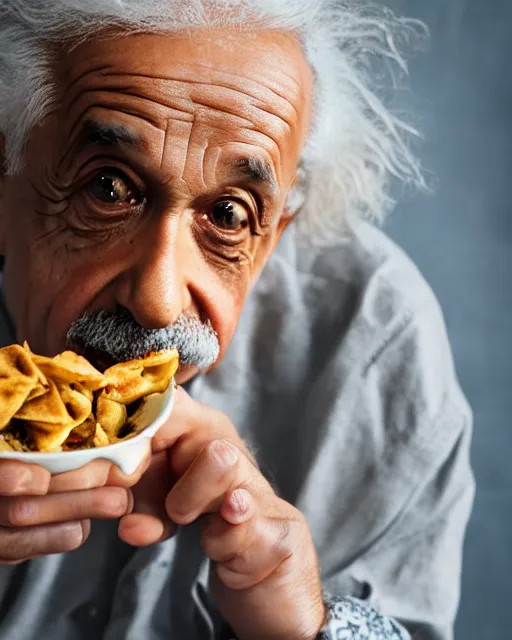 Image similar to A photo of Albert Einstein eating Samosa, highly detailed, trending on artstation, bokeh, 90mm, f/1.4