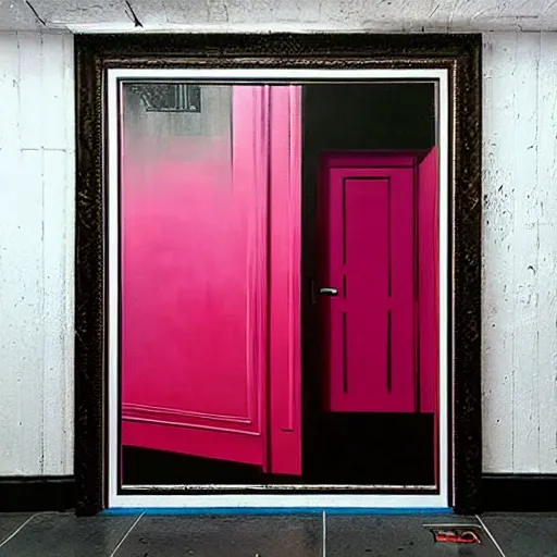 Prompt: diego dayer, alex gross, hyperrealistic surrealism, award winning masterpiece with incredible details, a surreal vaporwave painting of bright pink door leading to nowhere, mirrors everywhere, highly detailed, hallway with black and white checkered floor, intricate, elegant