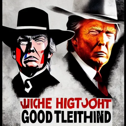 Image similar to donald trump as clint eastwood squinting at high noon in the style of a clint eastwood movie, the good, the bad and the ugly, clint eastwood, steven seagal, bud spencer, donald trump, glory days, american flag, patriotism, apple pie, black and white, artgerm, trending on artstation