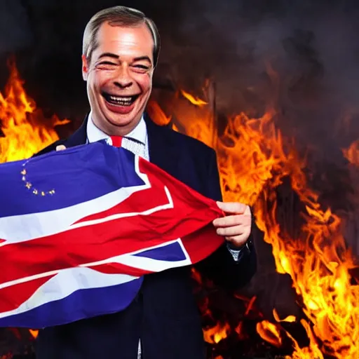 Image similar to nigel farage laughing holding burning eu flag, photograph, hd