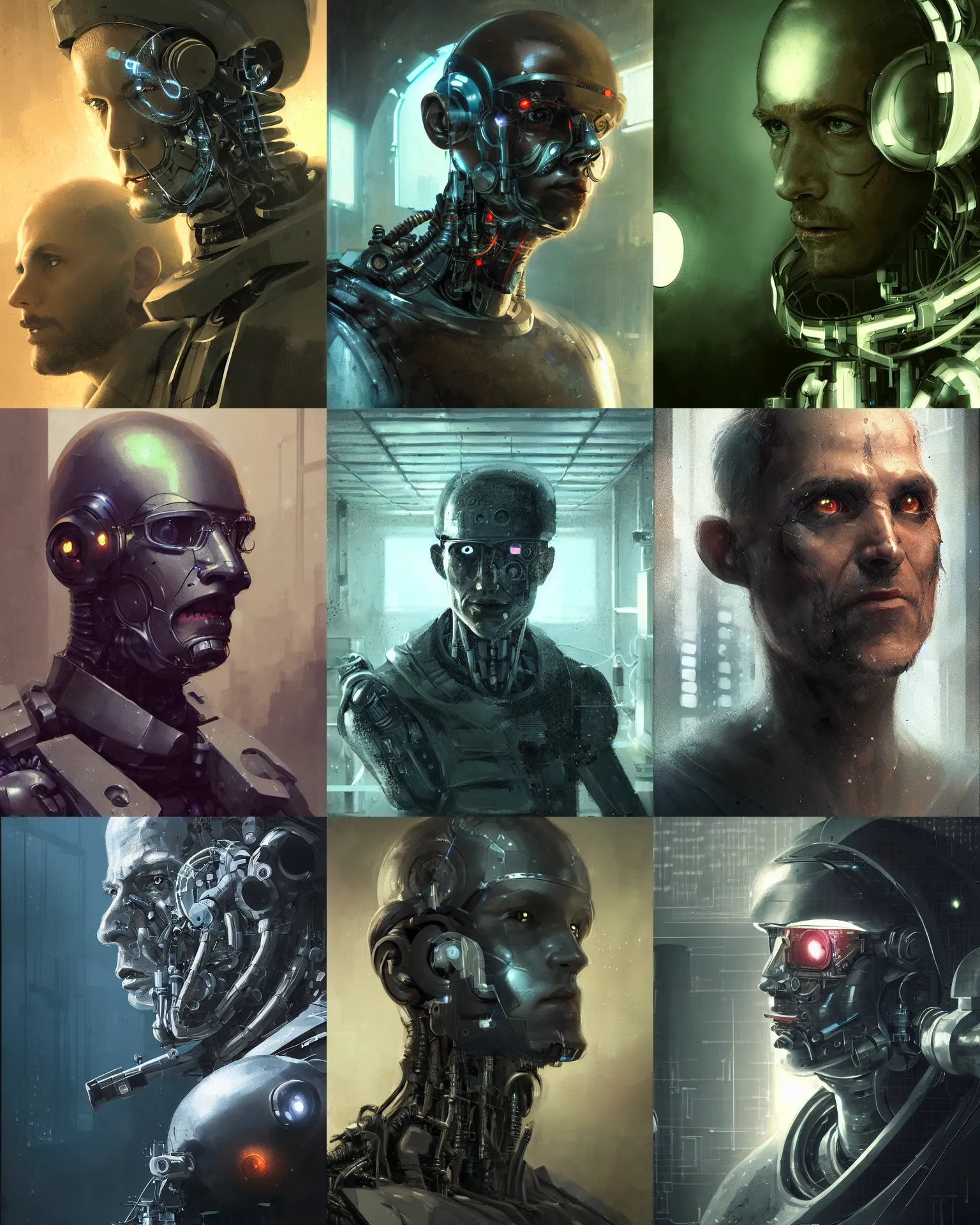 Prompt: a laboratory operator man with cybernetic enhancements seen from a distance, 1 / 4 headshot, scifi character portrait by greg rutkowski, craig mullins, daytoner, cinematic lighting, dystopian scifi gear, profile picture, mechanical, cyborg, half robot