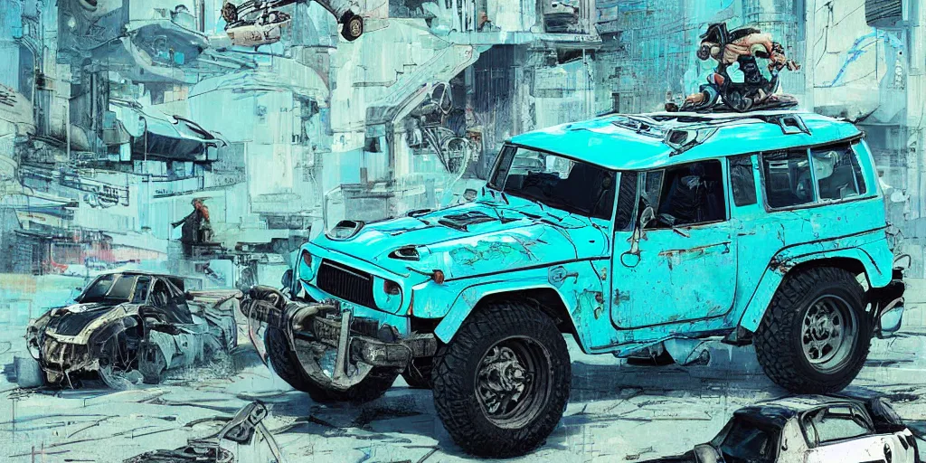 Image similar to digital illustration of a futuristic faded cyan mad max's fj 4 0 decrepit!!!! pursuit special, rusty!!! cyberpunk nissan fj cruiser heavily modded 1 9 9 0 s, the last v 8 interceptor by makoto shinkai, ilya kuvshinov, lois van baarle, rossdraws, basquiat