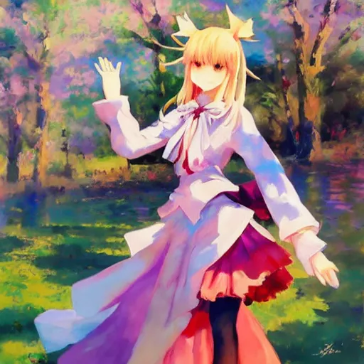 Image similar to Beautiful abstract impressionist painting of Kirisame Marisa from the Touhou project waving from afar, touhou project official artwork, danbooru, oil painting by Antoine Blanchard, wide strokes, pastel colors, soft lighting sold at an auction