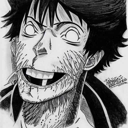 Image similar to [ luffy mustache ] ( by kim jung gi ) ( by george morikawa ) ( by kentaro miura ) ( by eiichiro oda )