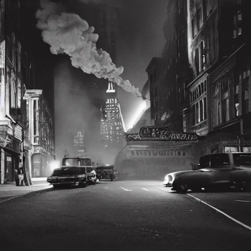 Prompt: a high resolution photo of a new york street at night with an old church on fire surrounded with smoke and cars with bright headlights by robert capa, realistic photo, leica, cinematic lighting, magnum award winning photograph, parallax photography,-W 1024