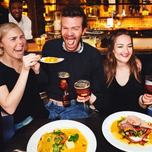Prompt: Happy people in London eating good food