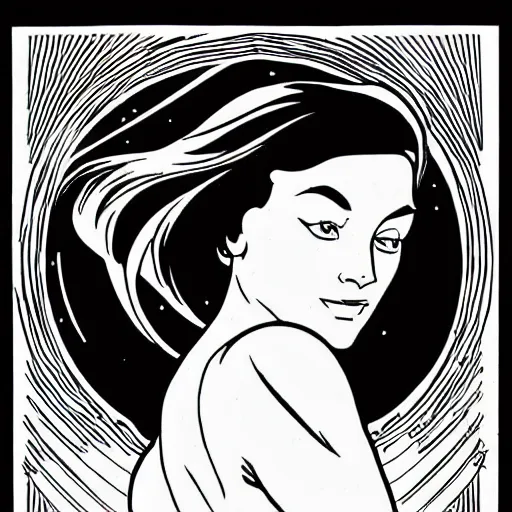 Image similar to clean simple line art with heavy black outlines of a woman floating in space wearing a space suit. no background. well composed, clean coloring book page, beautiful detailed face. coloring book line art by mike mignola and steve ditko and alphonse mucha