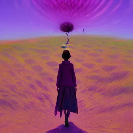 Image similar to portrait, giant purple dahlia flower head, girl walking between dunes, surreal photography, sunrise, blue sky, dramatic light, impressionist painting, digital painting, artstation, simon stalenhag