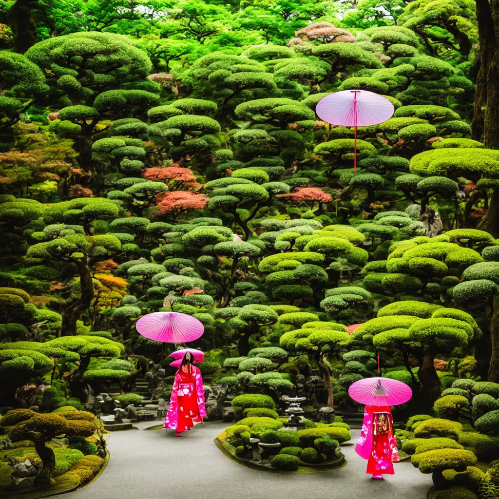 Prompt: A photo of a magical lush Japanese temple garden with a large mystical temple in the center, hazy, dreamy feeling, glowing colorful lanterns, 1 girl wearing a Gucci dress and umbrella exploring, mystical feeling, designed by Gucci, Wes Anderson, and Petra Collins, 8k