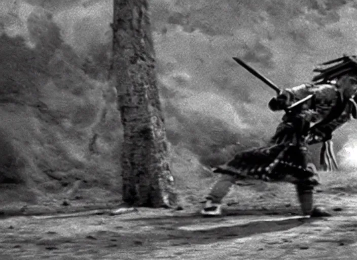 Image similar to a movie still of a samurai slicing through a loaf of bread, a movie by Akira Kurosawa