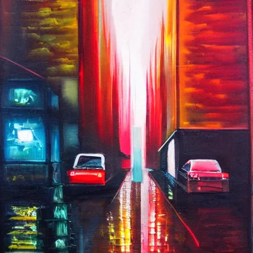 Image similar to city streetscape, dark road with cars, people at night, tall buildings with shops below at street level, neon lights above shops, headlights and stop lights illuminating surroudings, raining, very dark lighting, abstract oil painting, 1 9 8 2 aesthetic