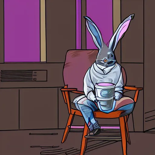 Prompt: rabbit with augmented cyberpunk ears cozy sitting in a chair drinking coffee and smoking cigar. digital art