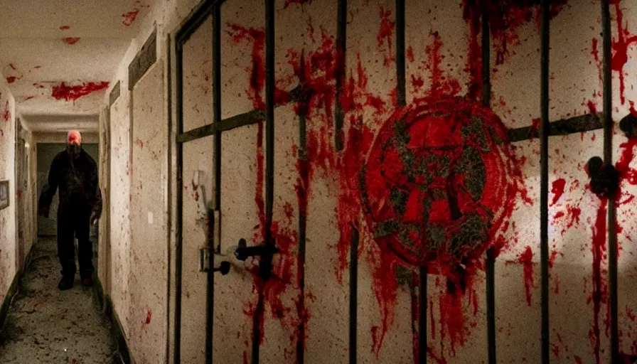 Prompt: Horror movie set in a darkly lit asylum, pentagrams scrawled in blood on the walls, where the nurses use the inmates for satanic sacrifices