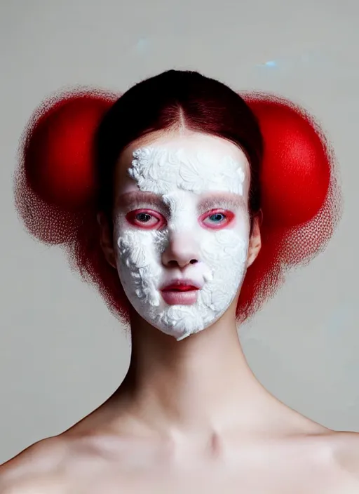 Image similar to portrait of a woman wearing a red embroidered translucent silicone mask and frizzy hair buns, wearing a white bodysuit by alexander mcqueen, white background, soft diffused light, biotechnology, futuristic aesthetic, translucent, ethereal, intricate details, highly detailed, masterpiece,