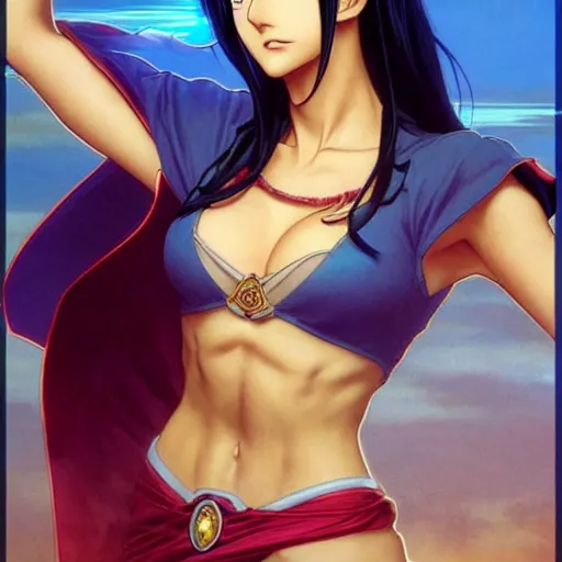 Image similar to highly detailed vfx portrait of nico robin by eiichiro oda!, makoto shinkai, alphonse mucha, sharp focus, art by artgerm and greg rutkowski!, backlit, harsh overhead sunlight, blue eyes!!, large aquiline nose!!, stanley kubrick, kaoru mori, best of behance,