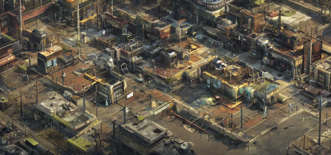 Image similar to Isometric 3d octane render of Fallout 4 Diamond City