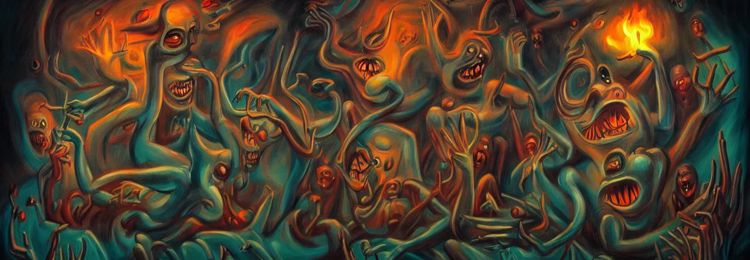 Image similar to visceral freaky obsessive monsters from the darkest depths of collective unconscious, dramatic glowing lighting, 1 9 3 0 s fleischer cartoon characters, wild emotional expressions - surreal painting by ronny khalil