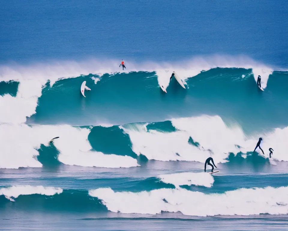 Image similar to worshippers in white robes belonging to the cult of the surfers, surfing in waves, standing on surfboards, surfing in the face of a tsunami, high detailed colors, bright deep blue