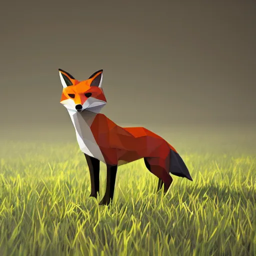 Image similar to beautiful image of low poly fox on a meadow in the fog, tranding on artstation